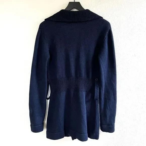 Chloe Linen Wool Long Cardigan Sweater Size M Navy Blue